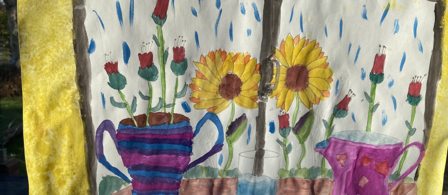 painting of flowers next to a window