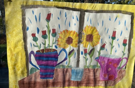 painting of flowers next to a window