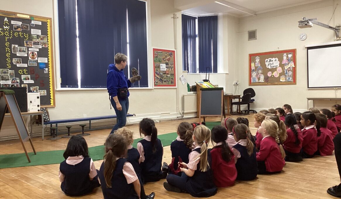 students looking at a bird