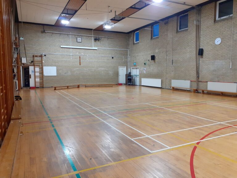 Empty indoor gym with brick walls, wooden floor, and climbing frame along the left wall; various court lines visible on the floor.