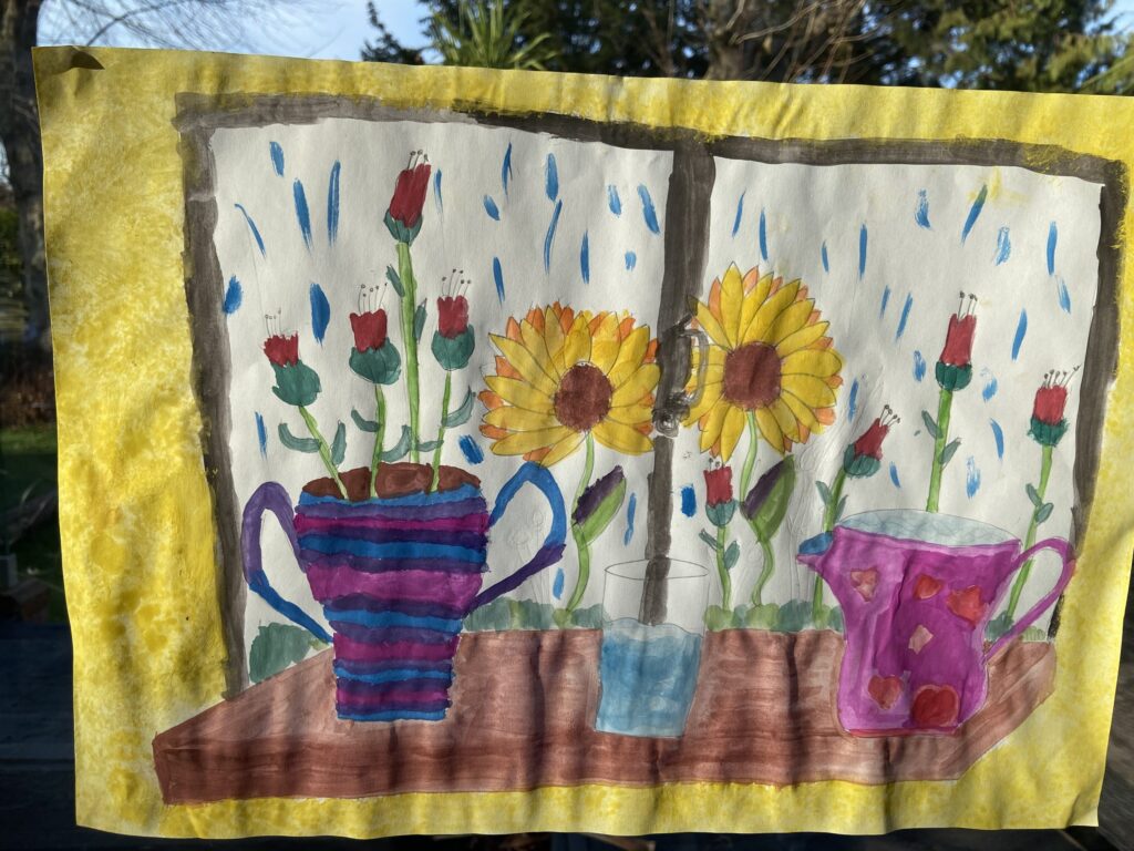 painting of flowers next to a window