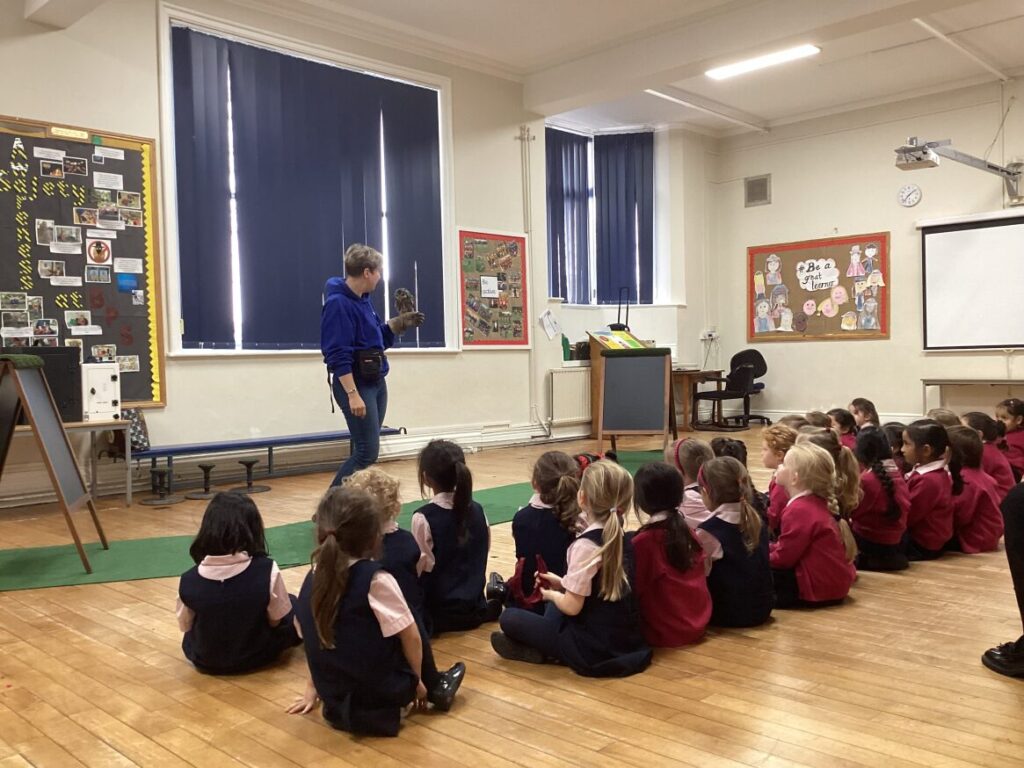 students looking at a bird